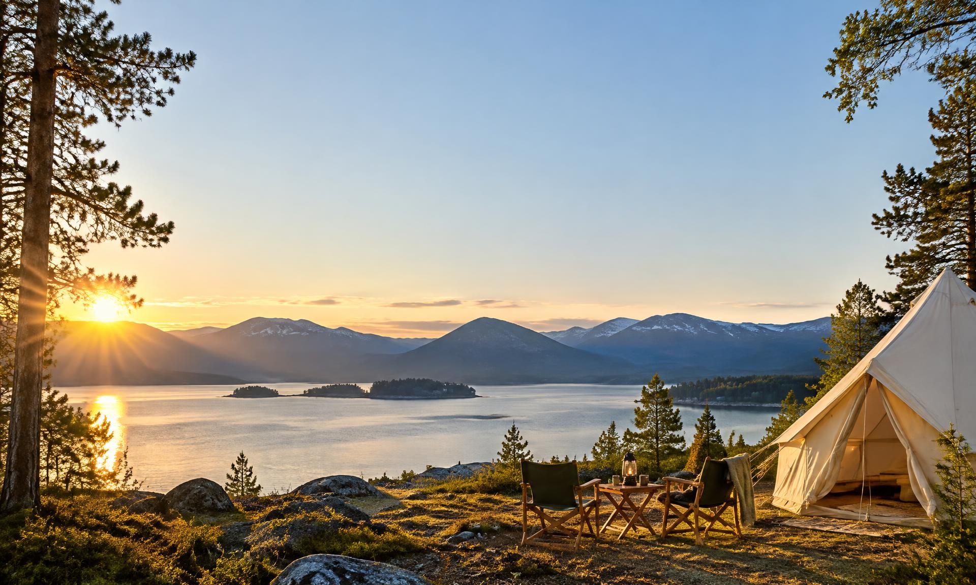 Illustrativt foto af et telt ved en skandinavisk sø